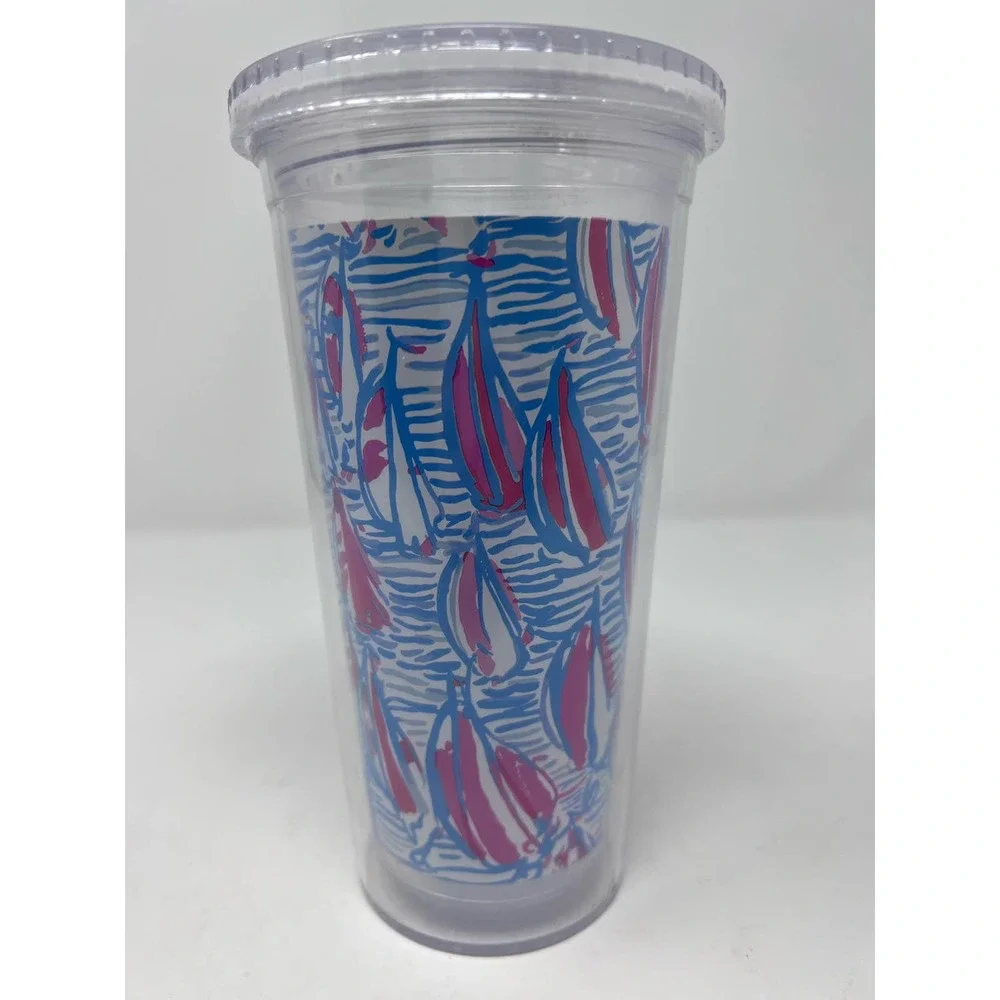 Lily Pulitzer Sailboat Tumbler Drinking Cup Pink Sailboats Light Blue Background